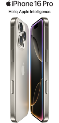 Apple iPhone 16 Pro in Natural Titanium.  Hello, Apple Intelligence.